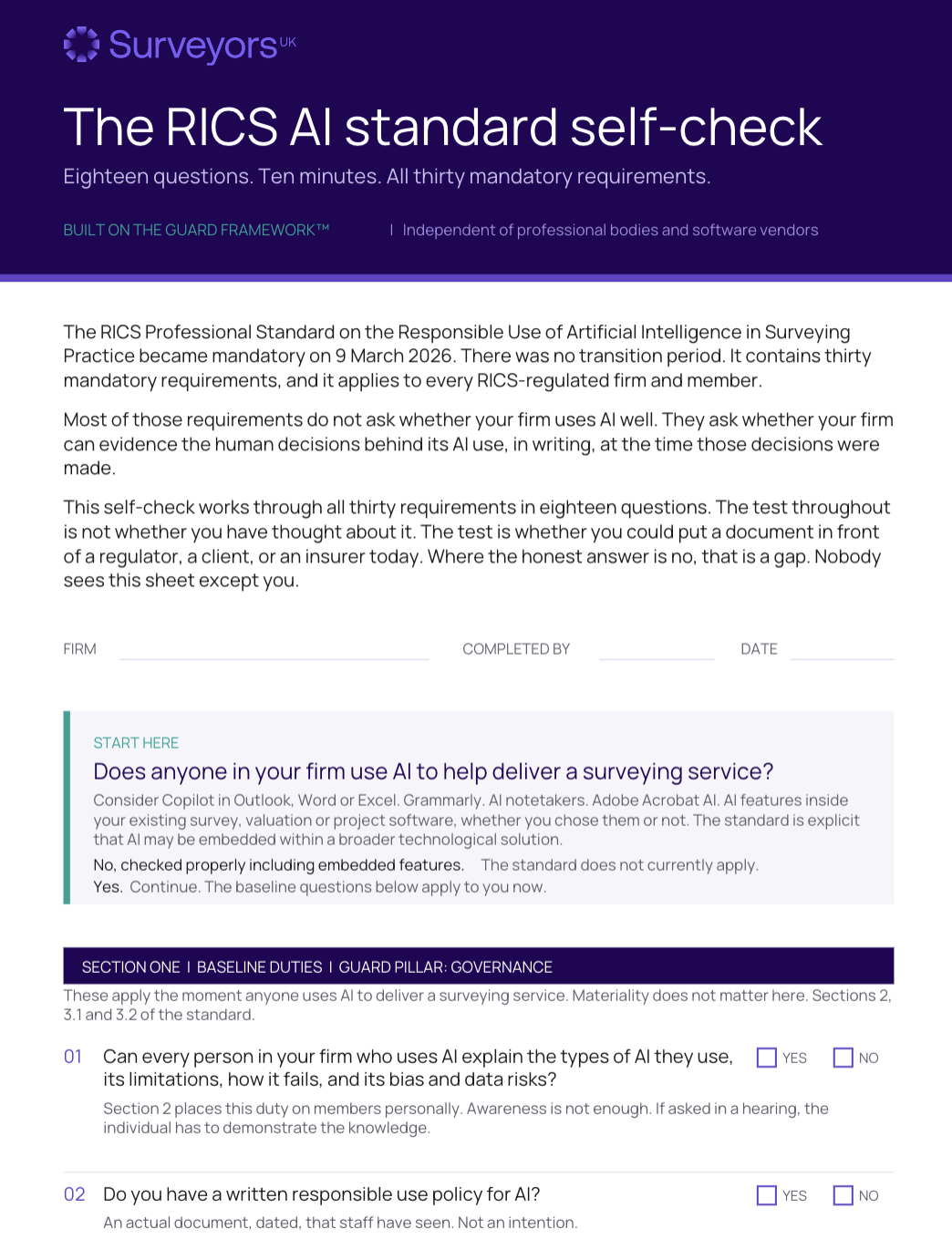 Extract of the RICS AI standard self-check document